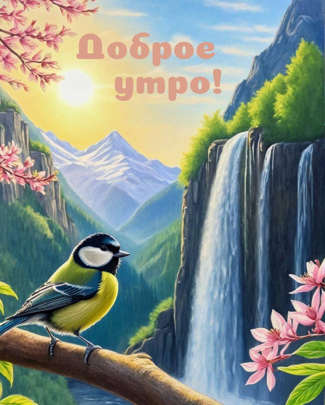 Птица на ветке среди цветов, горы и водопад на заднем плане