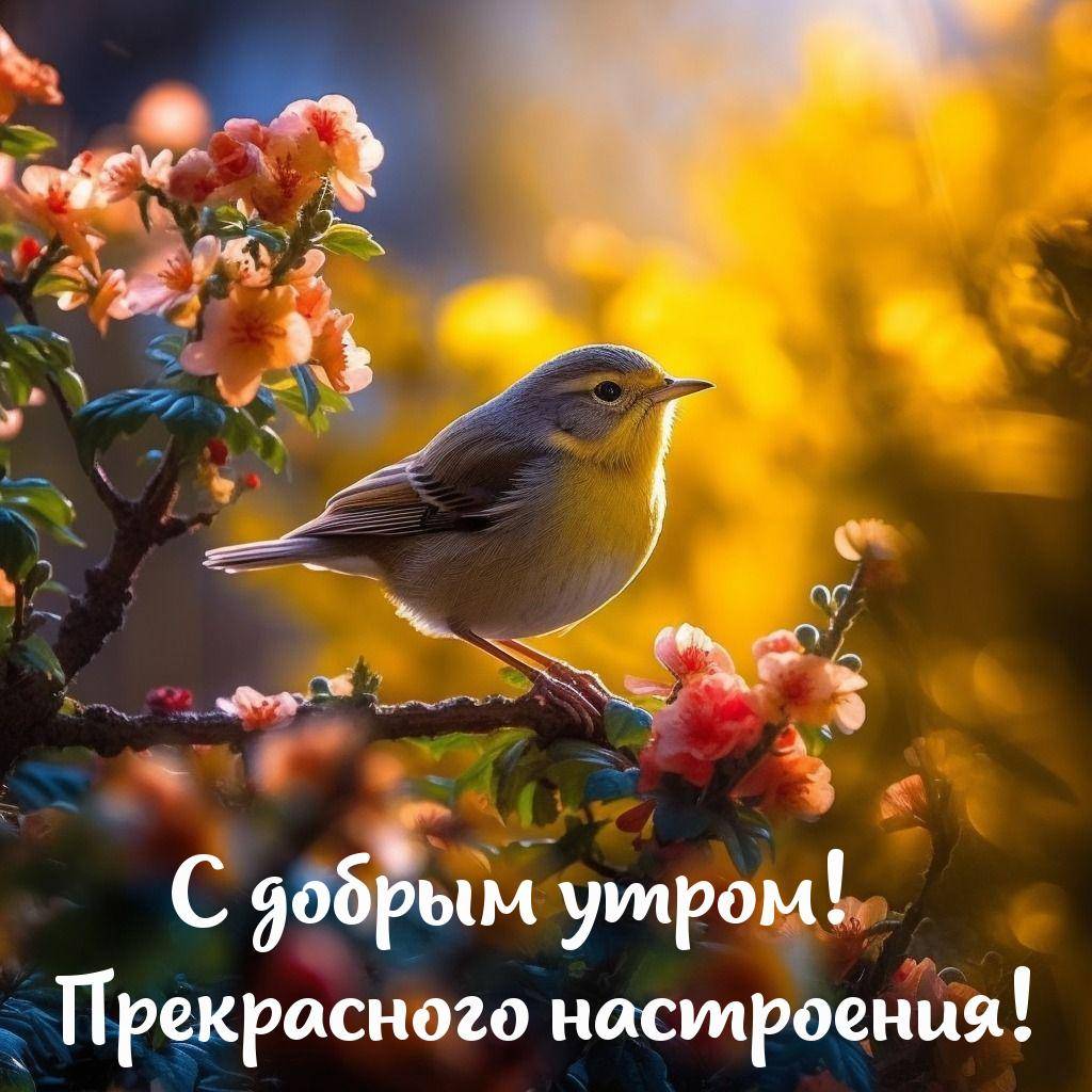 Птица на ветке среди цветов, серые крылья и желтый живот