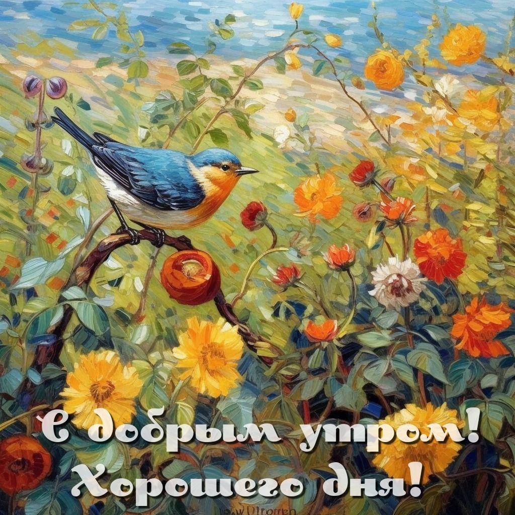 Птица на ветке, цветы вокруг