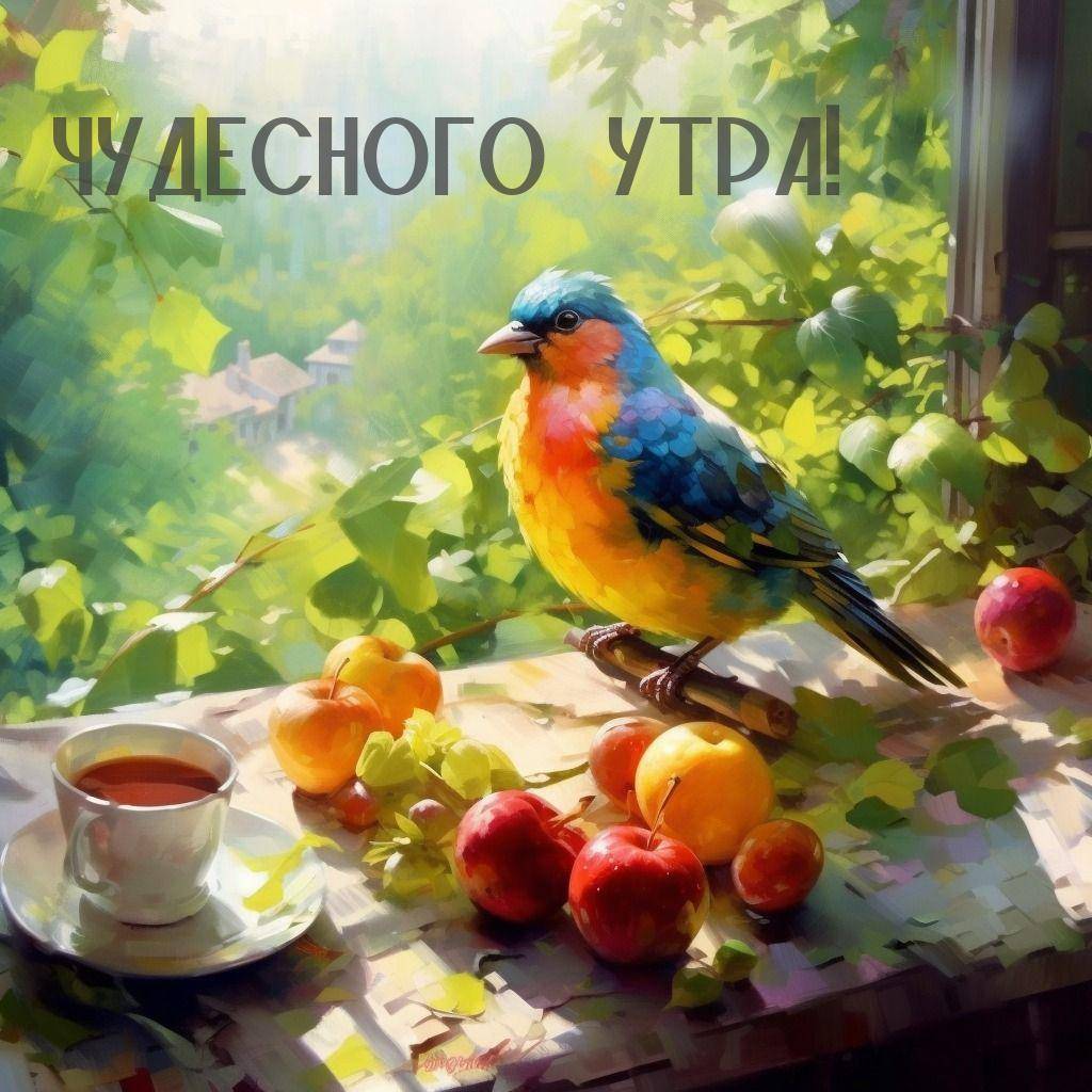 Птица на ветке у окна с фруктами