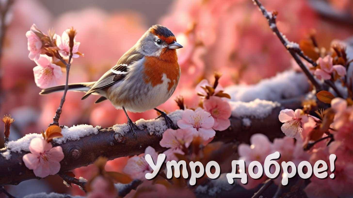 Птица поет на фоне розовых цветов под утренним солнцем.