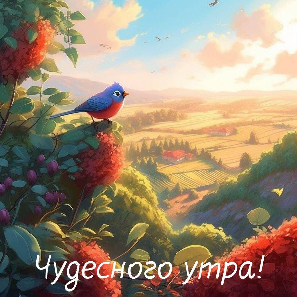 Птица с голубыми и красными перьями среди зеленых листьев и ягод