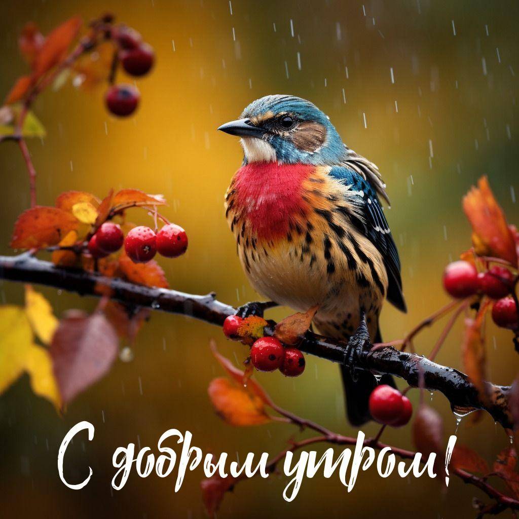 Птица с красной грудкой и ягодами