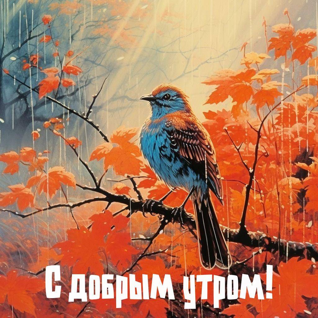 Птица с ярко-синей грудкой на ветке среди осенних листьев