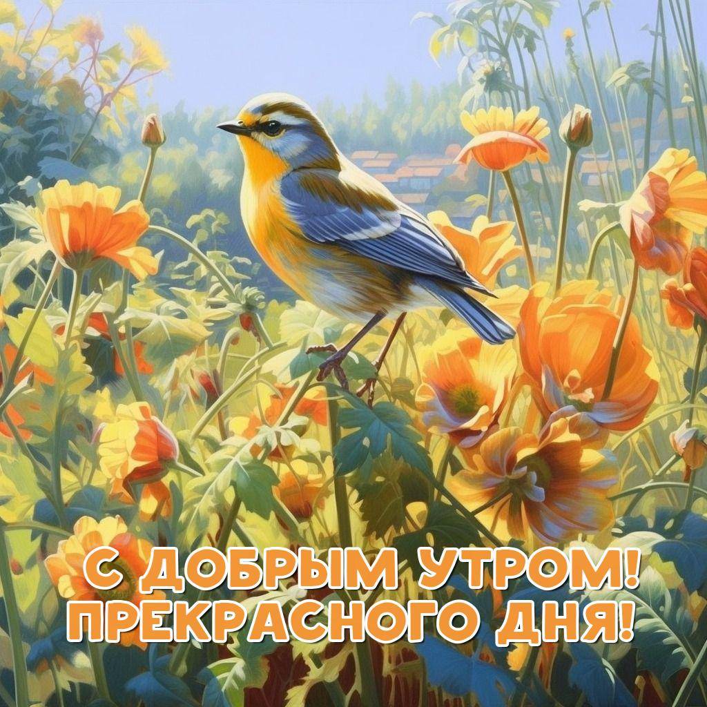 Птица среди цветущих цветов на ветке