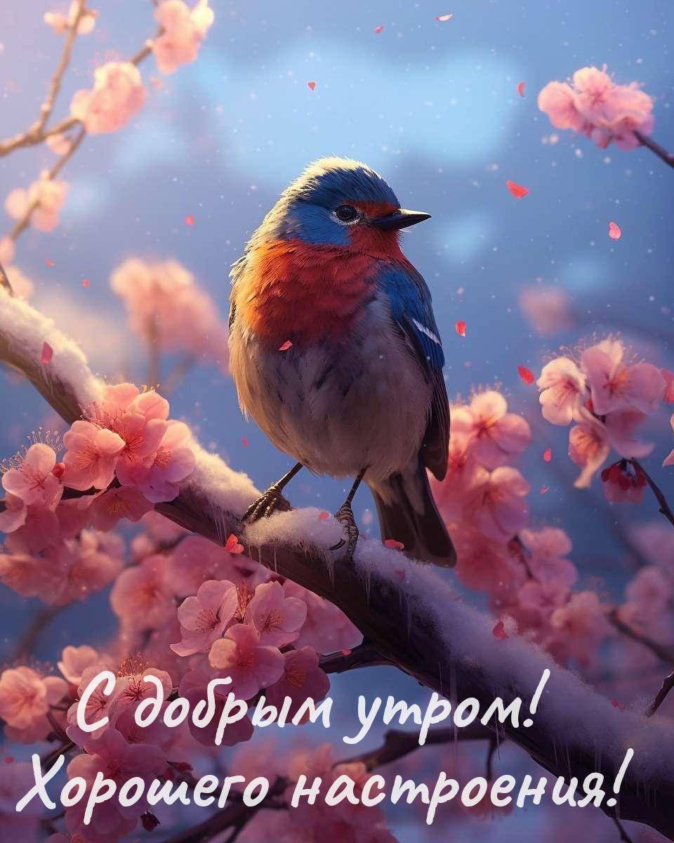 Птица в лучах рассвета среди розовых цветов