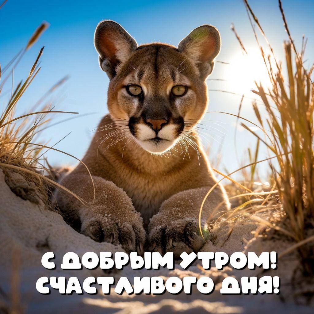 Пума лежит на песчаном грунте, смотрит в камеру.