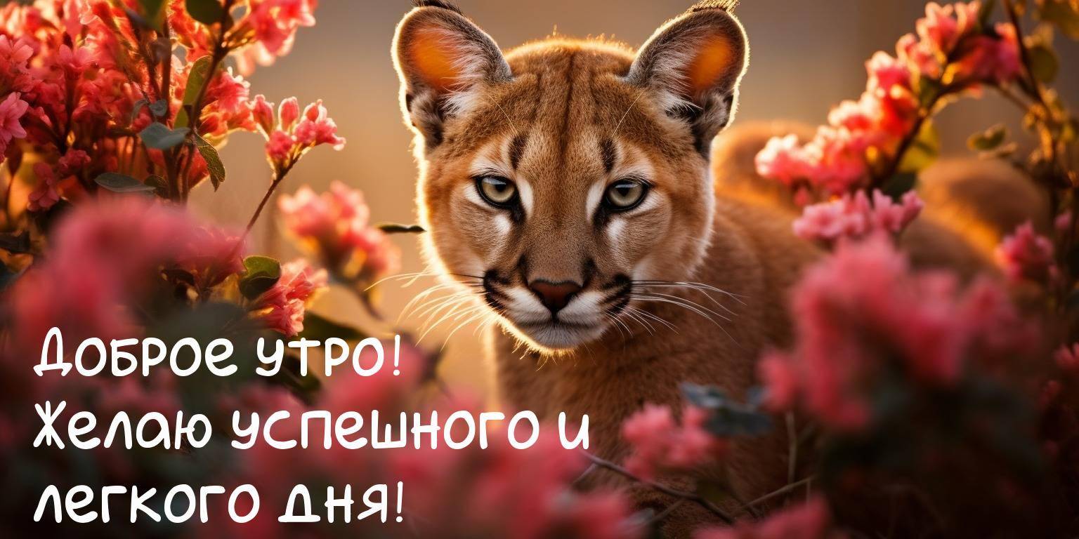 Пума среди розовых цветов