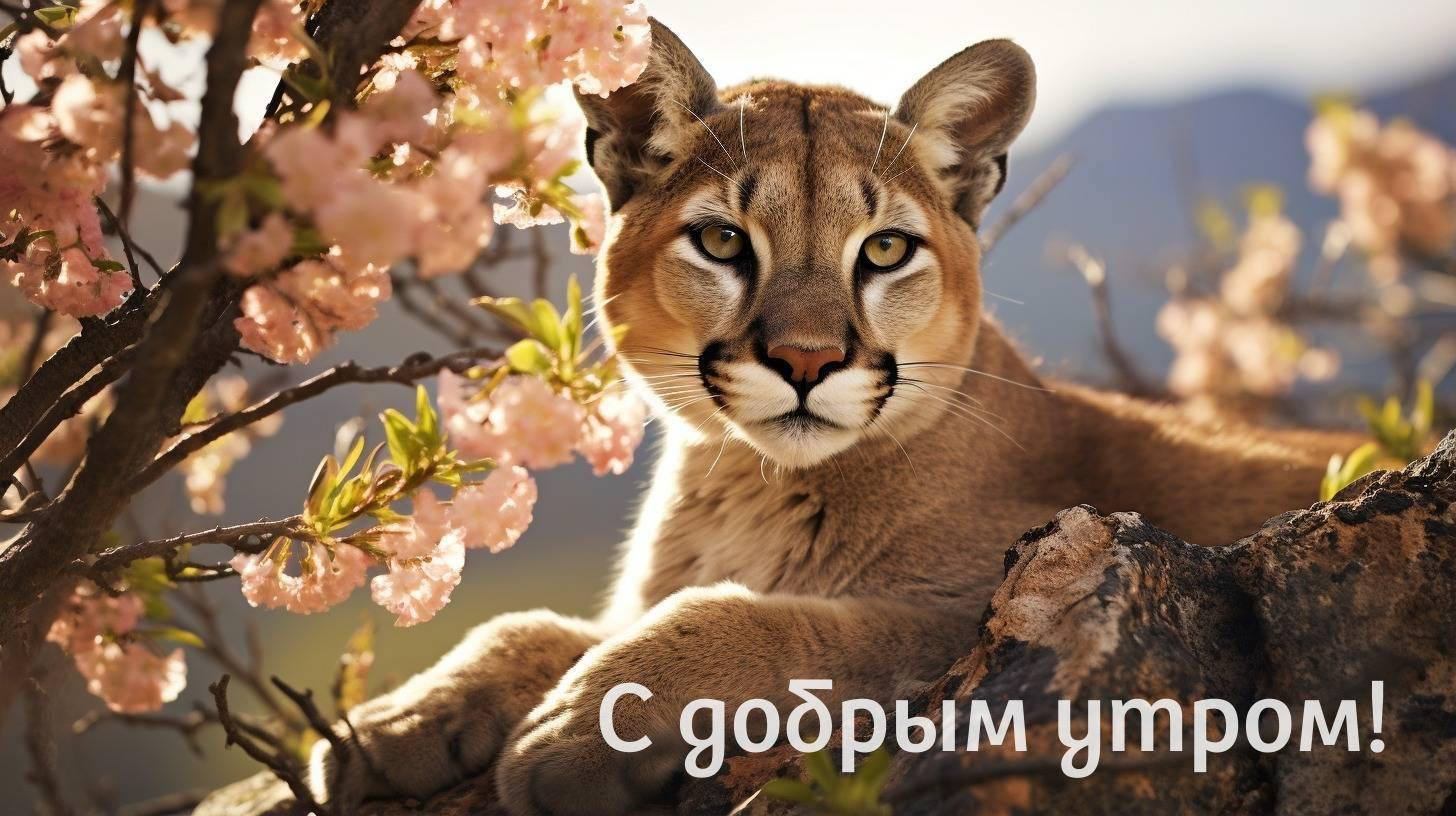 Пума среди цветущих деревьев с розовыми цветами