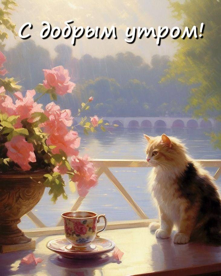 Пушистый кот и цветы на столе, вид на озеро