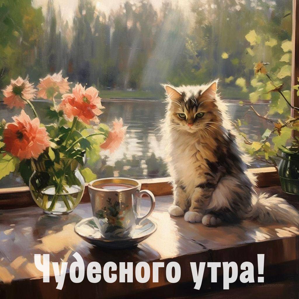 Пушистый кот и ваза с цветами на подоконнике