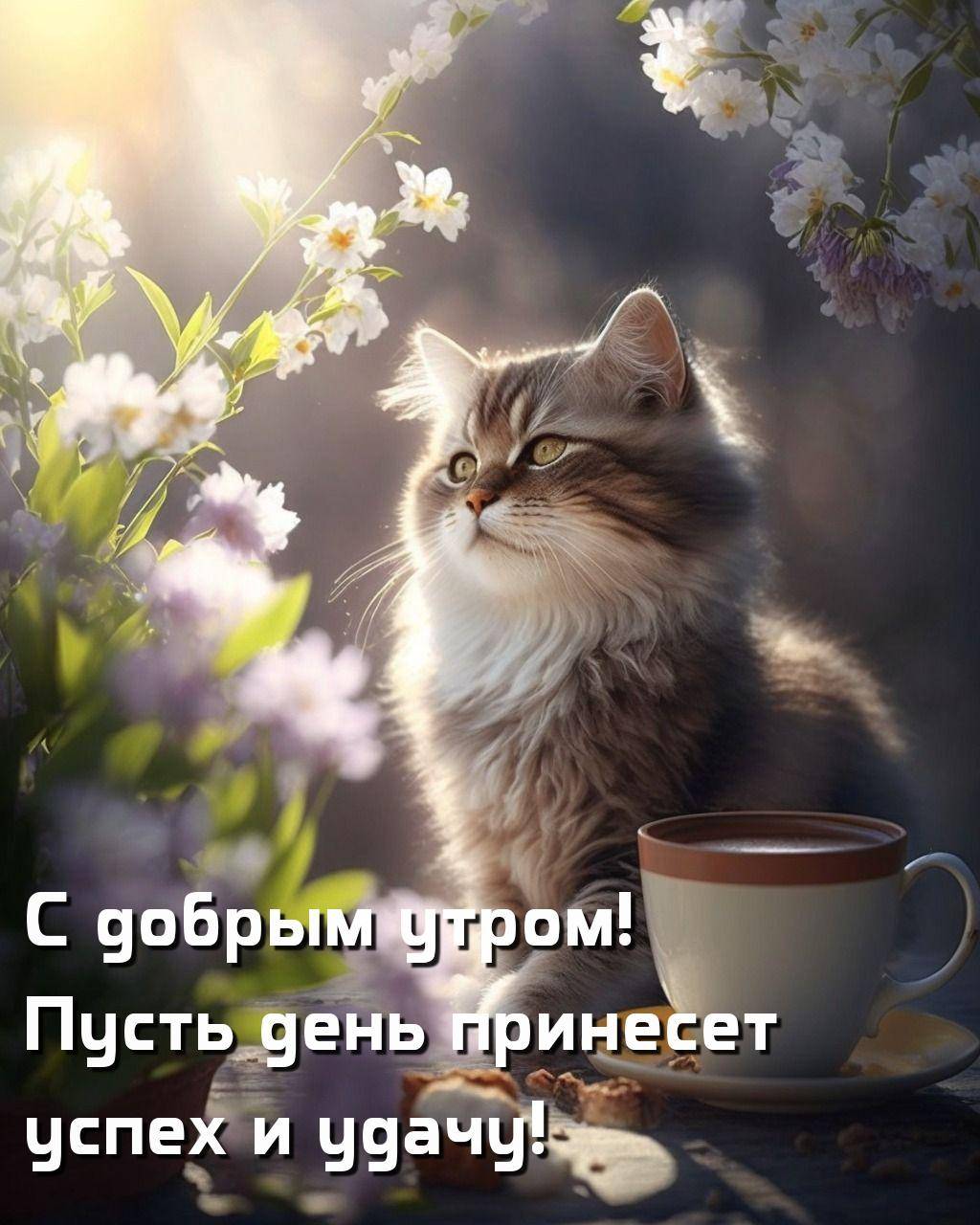 Пушистый кот на столе с цветами и чашкой кофе