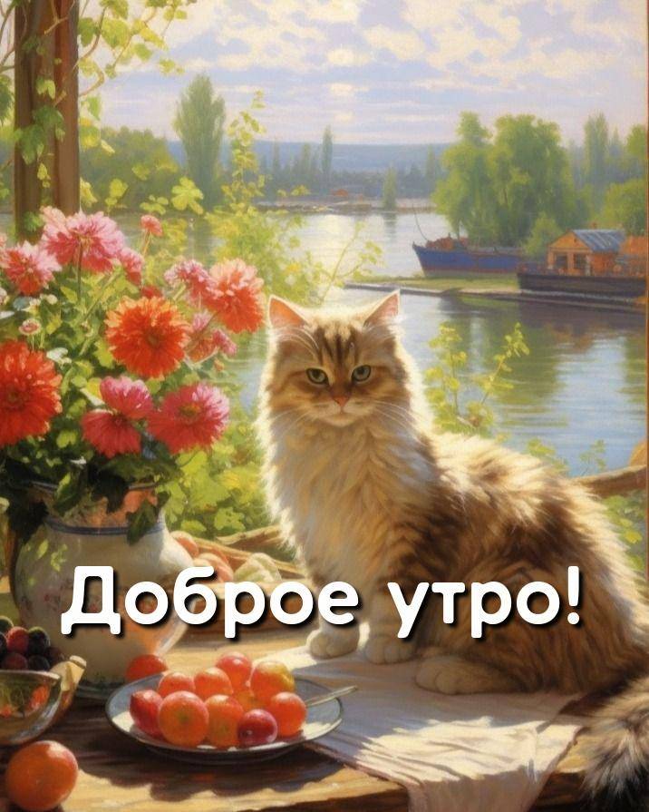Пушистый кот на столе у окна с видом на реку