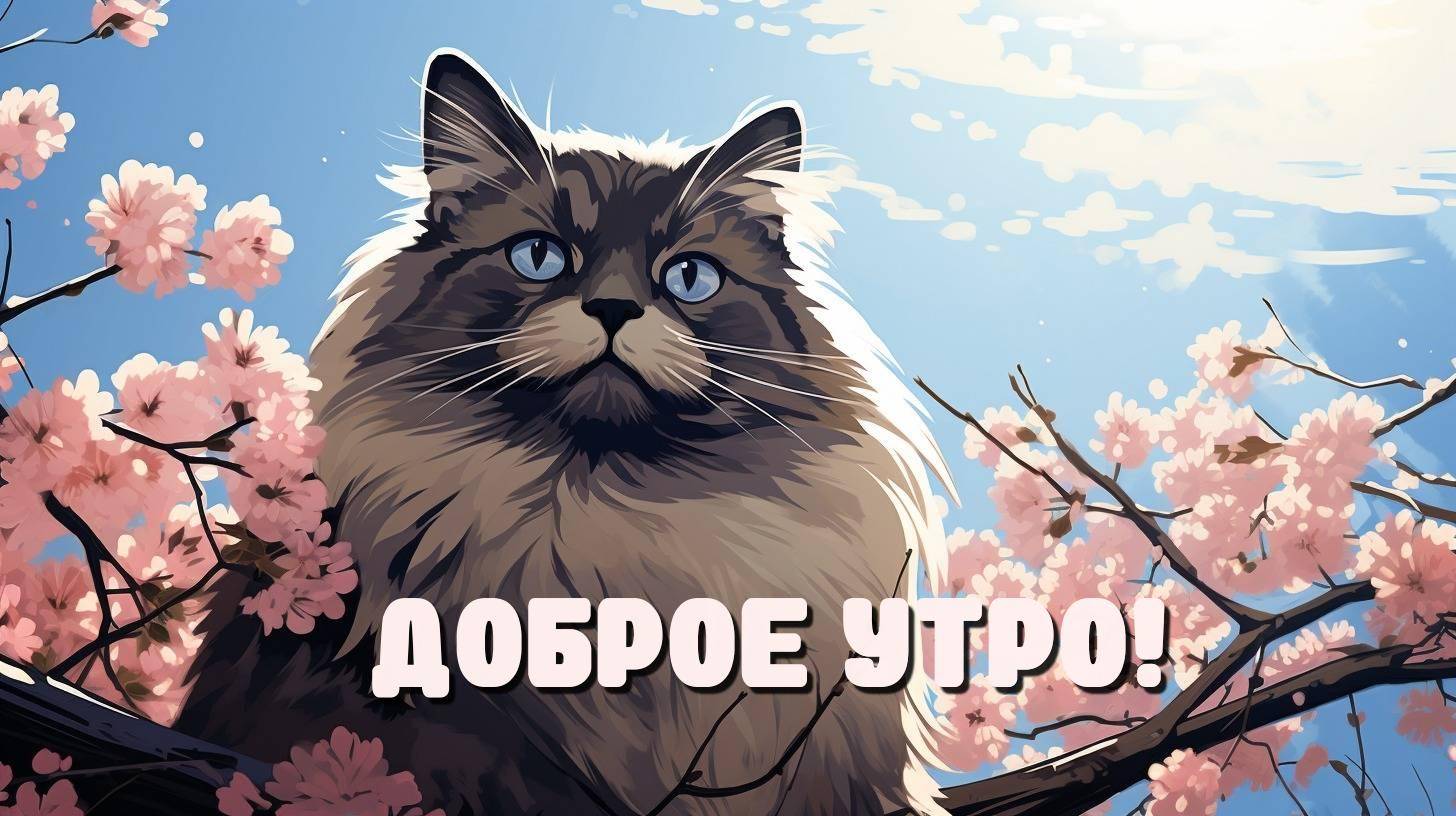 Пушистый кот с голубыми глазами среди цветущих ветвей сакуры