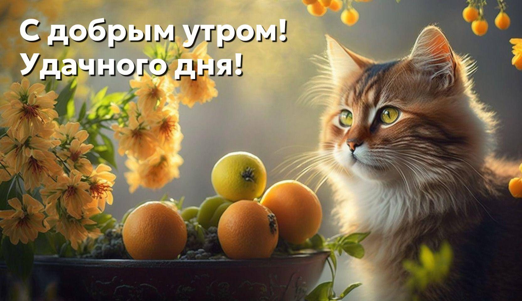 Пушистый кот с зелеными глазами среди цветов и фруктов