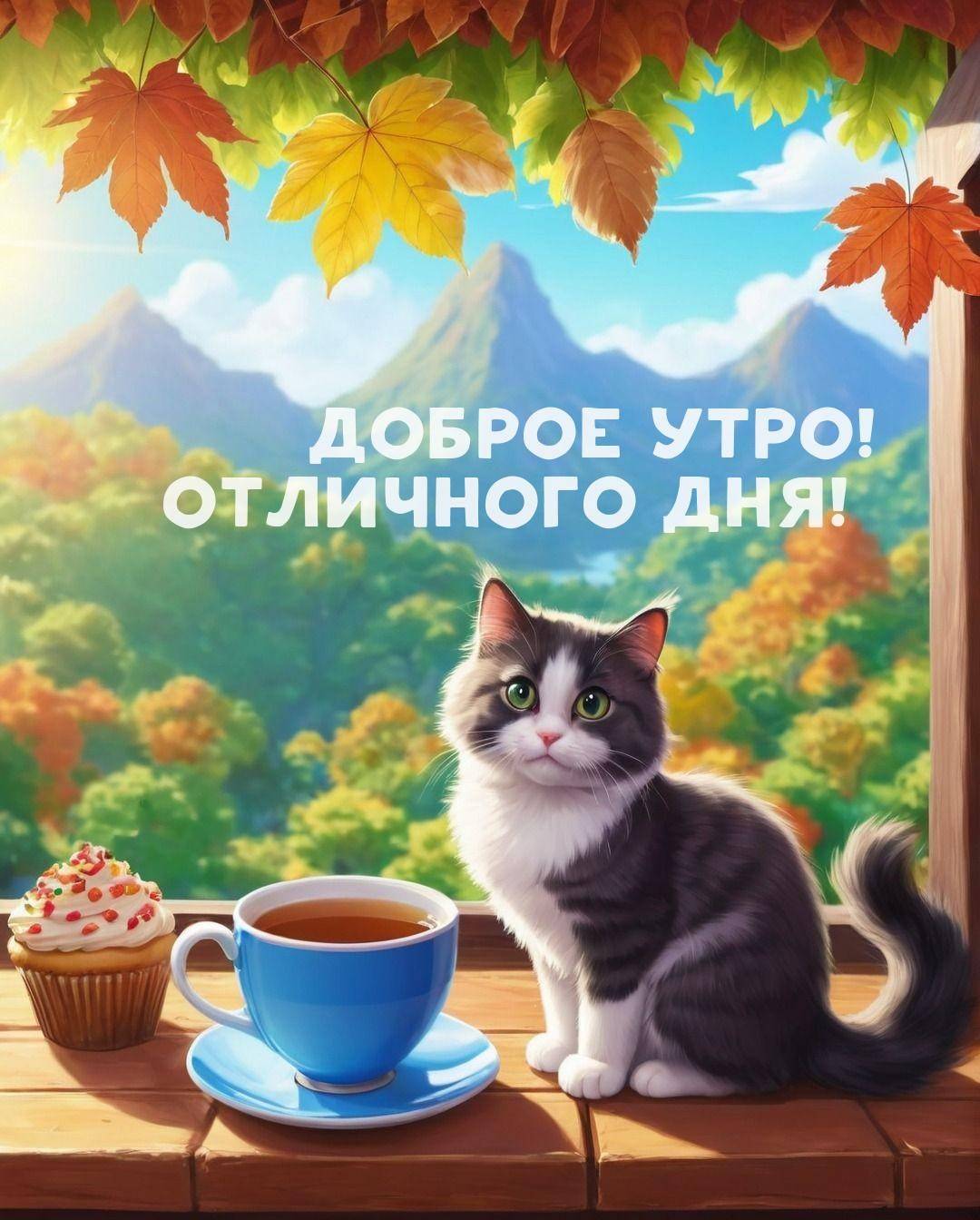 Пушистый кот с зелёными глазами, чашка чая и кекс