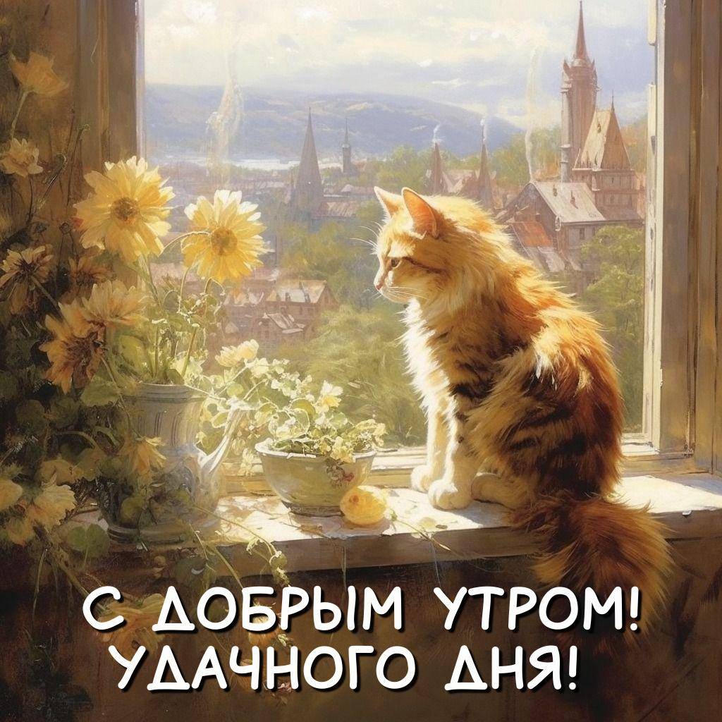 Пушистый кот смотрит в окно на город