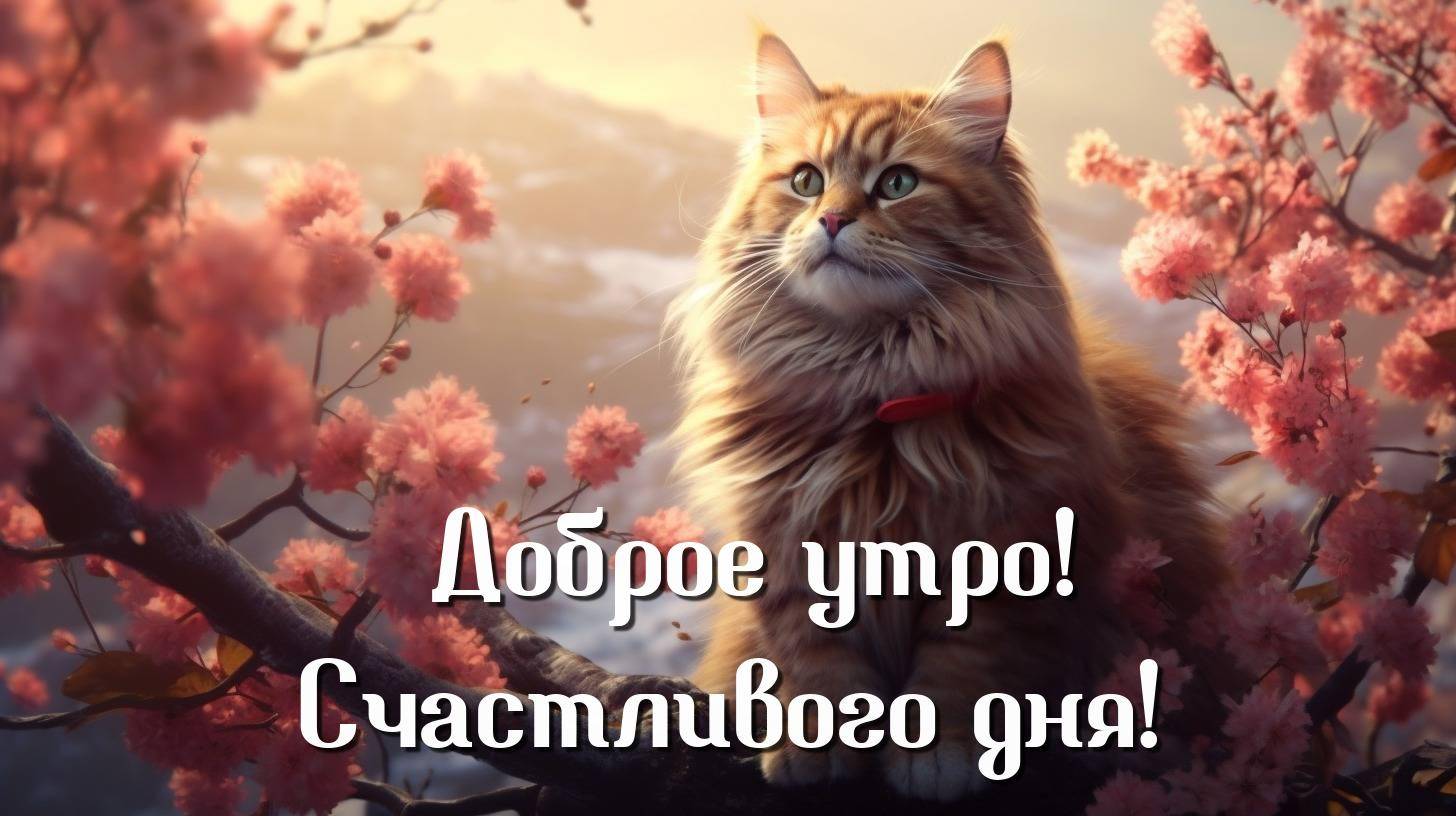 Пушистый кот среди цветущих сакур на ветке