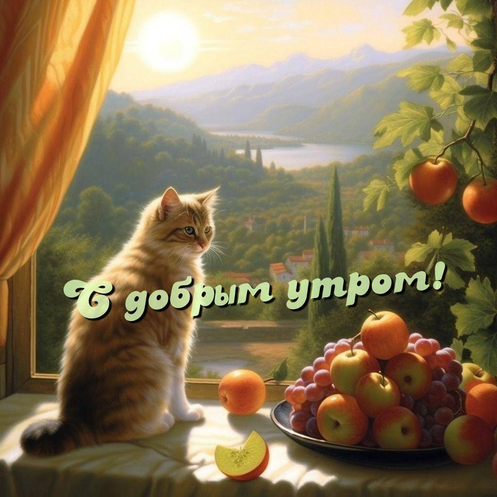 Пушистый кот у окна, свет солнца, пейзаж, фрукты