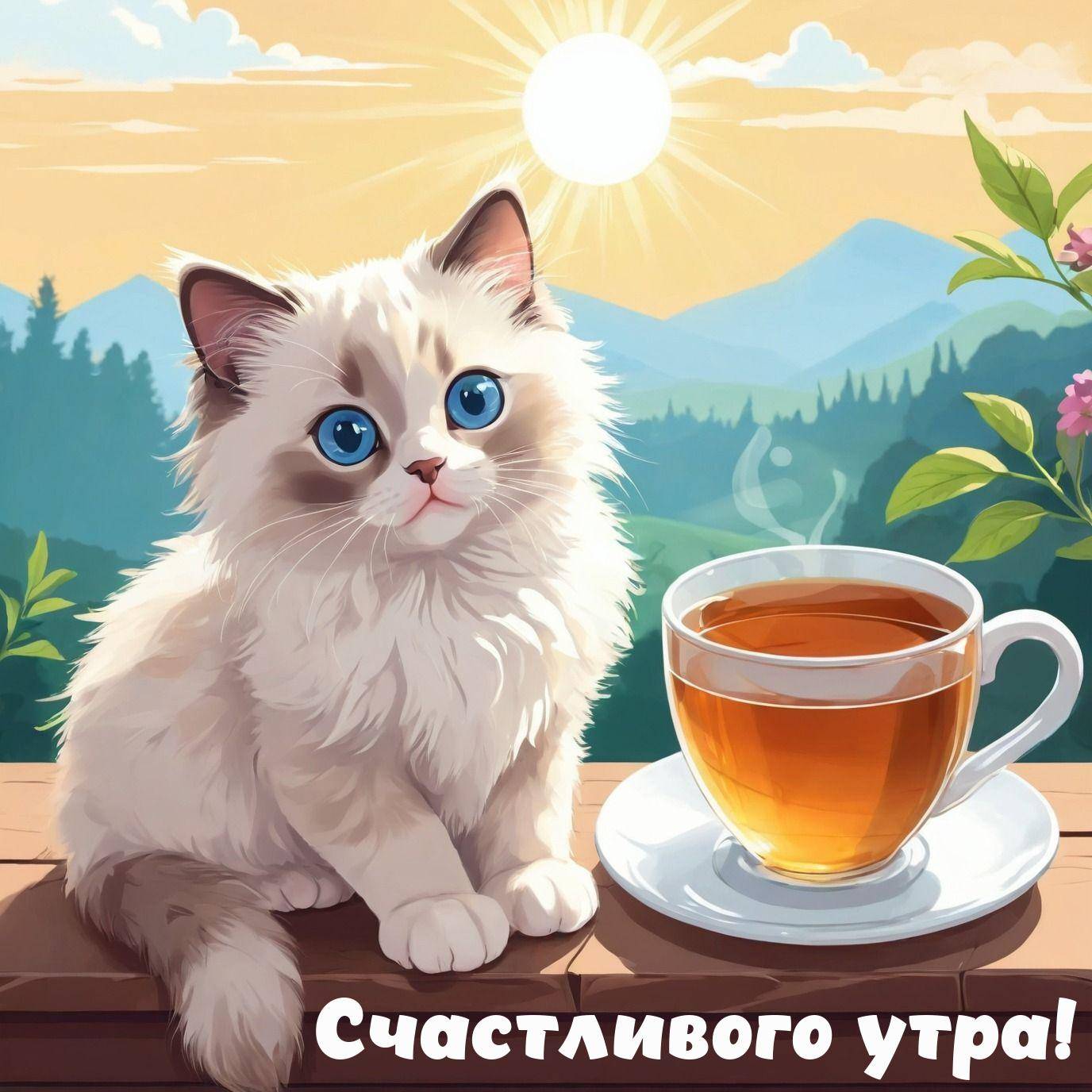 Пушистый котенок с голубыми глазами и чай