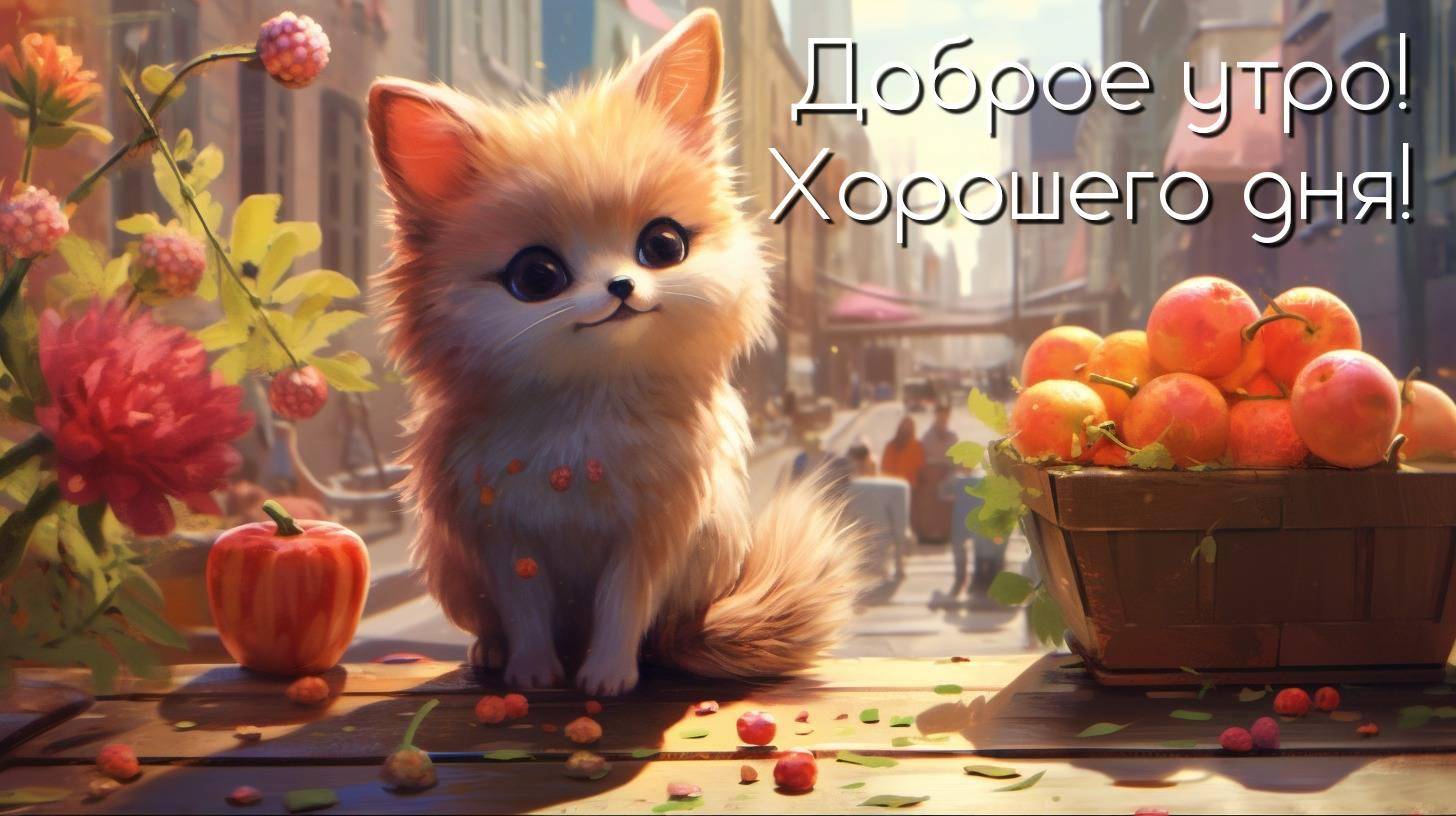 Пушистый котенок среди утренних красок.
