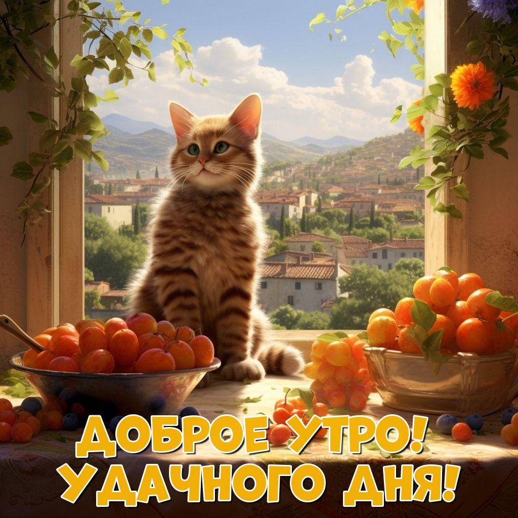 Пушистый котенок у окна с видом на город и горы