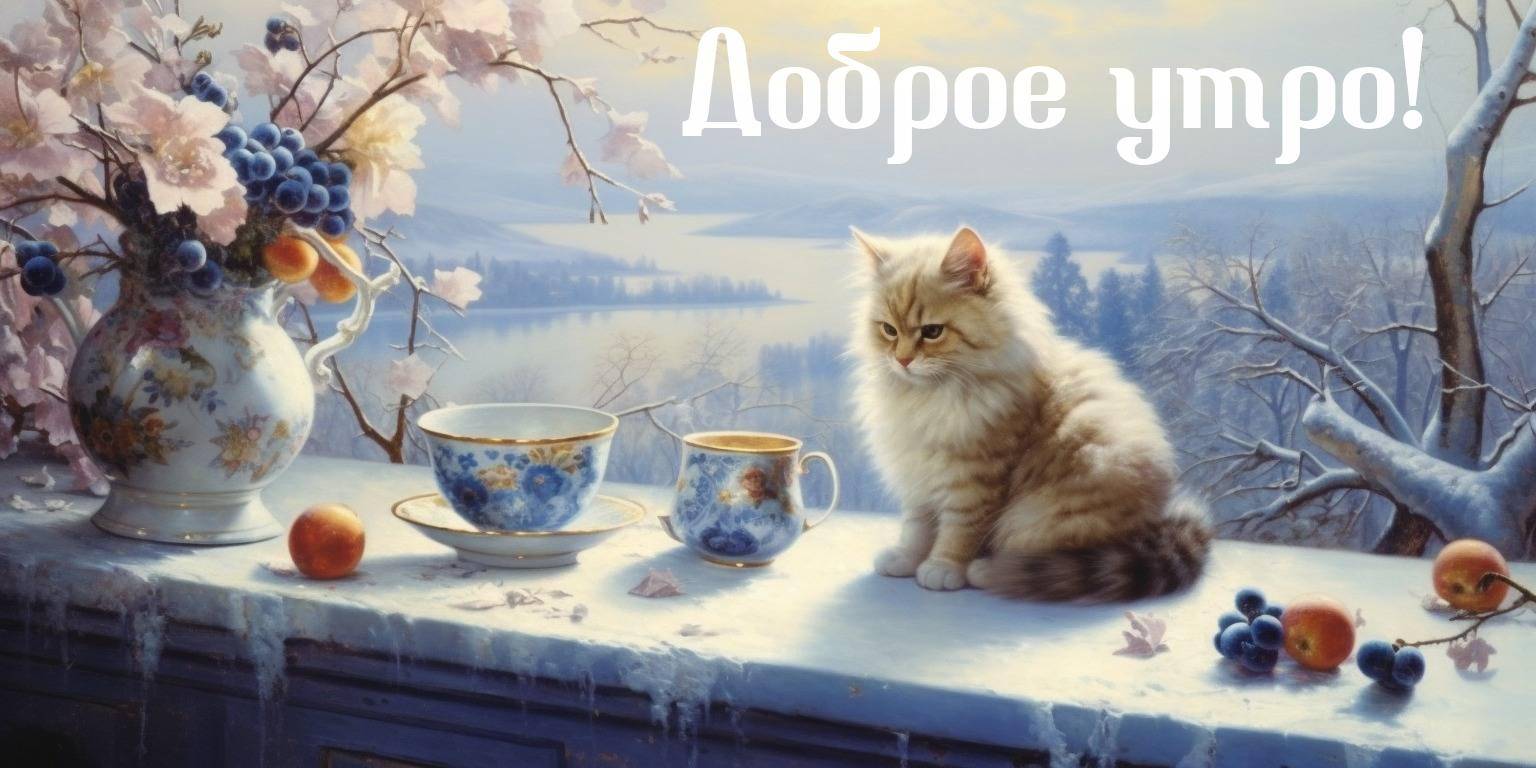 Пушистый котёнок на столешнице с цветами и фруктами