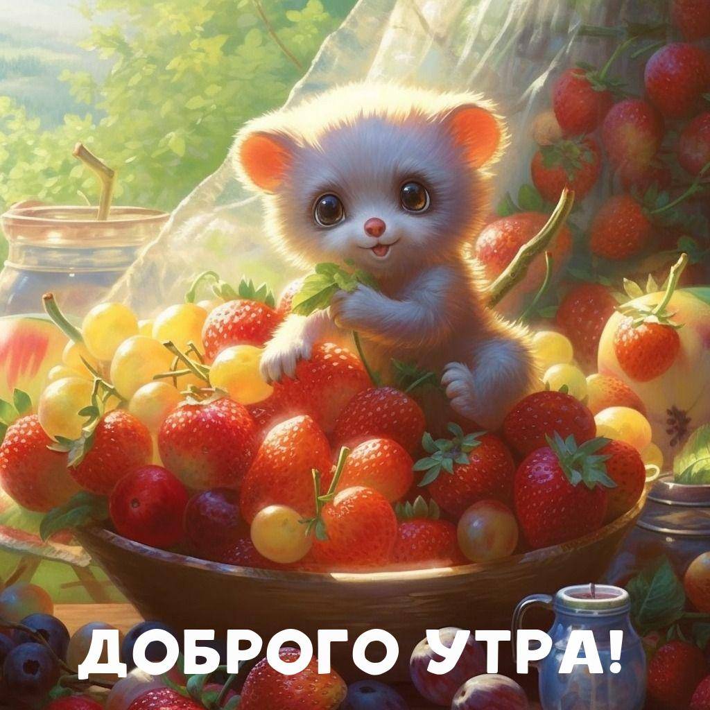 Пушистый медвежонок в тарелке с ягодами