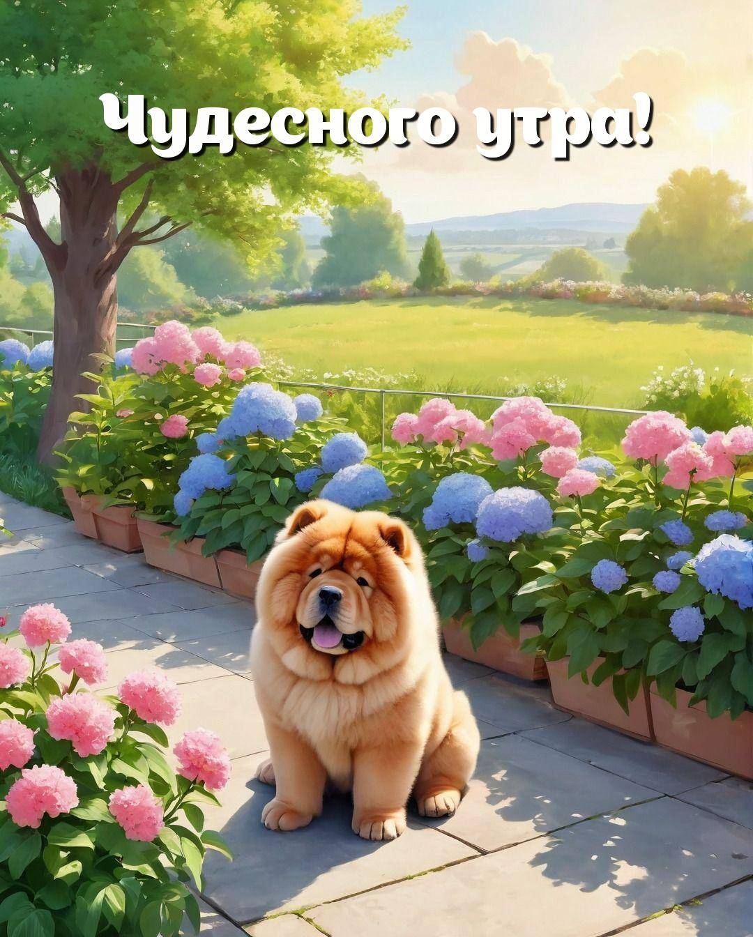 Пушистый рыжий чау-чау, сидящий на каменной дорожке
