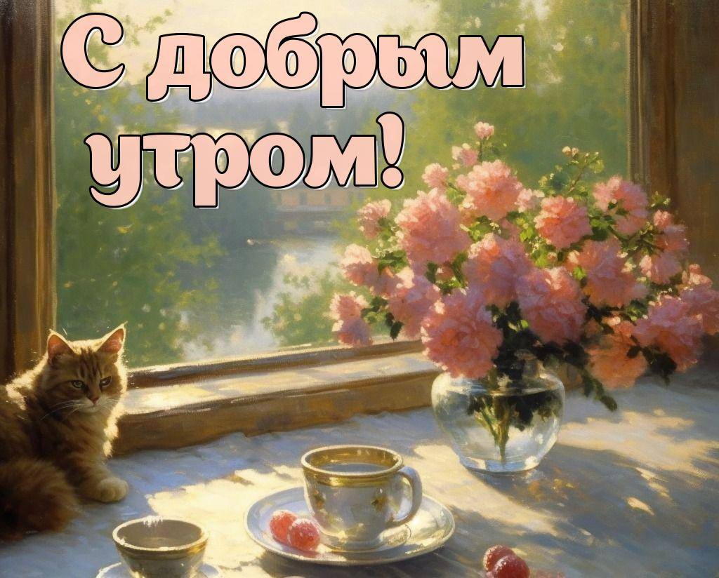 Пушистый рыжий кот на подоконнике с малиной и цветами