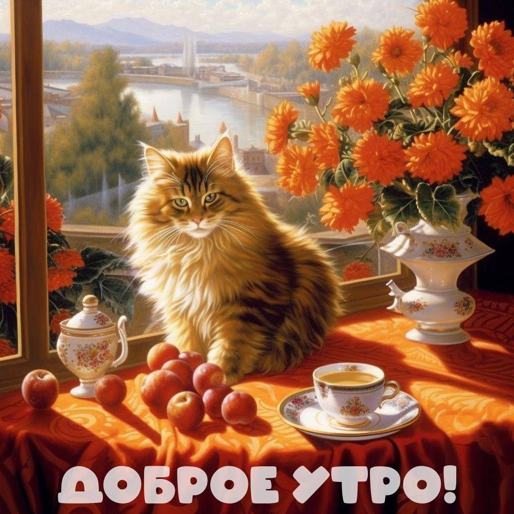 Пушистый рыжий кот на столе с яблоками и цветами