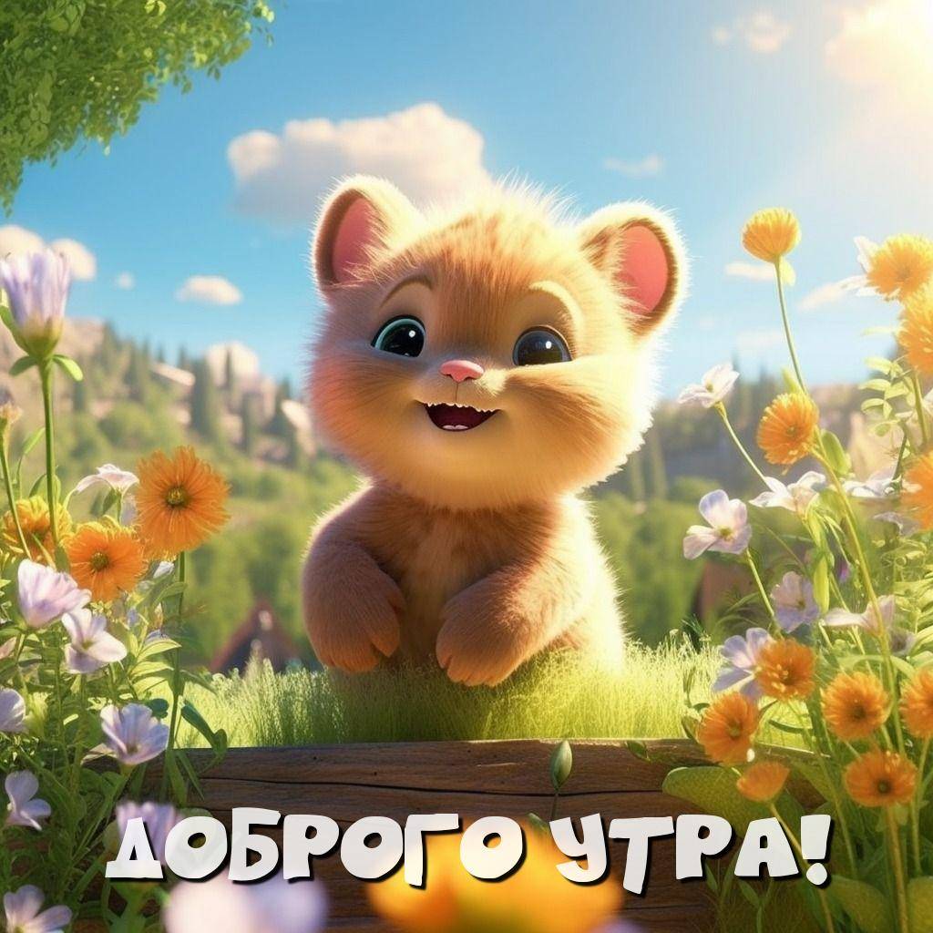 Пушистый рыжий котенок на траве среди цветов