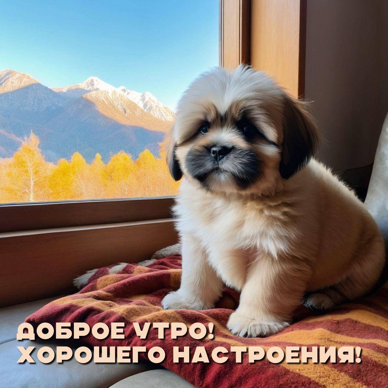 Пушистый щенок на мягком покрывале перед окном с заснеженными горами