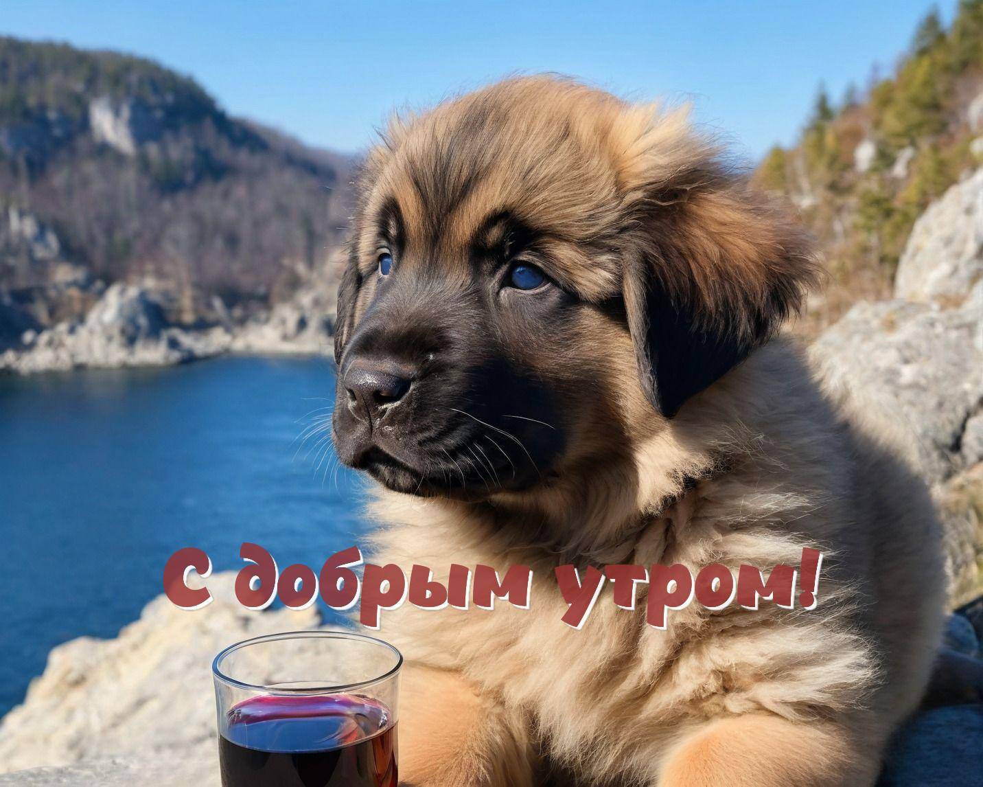 Пушистый щенок у озера с напитком в стакане