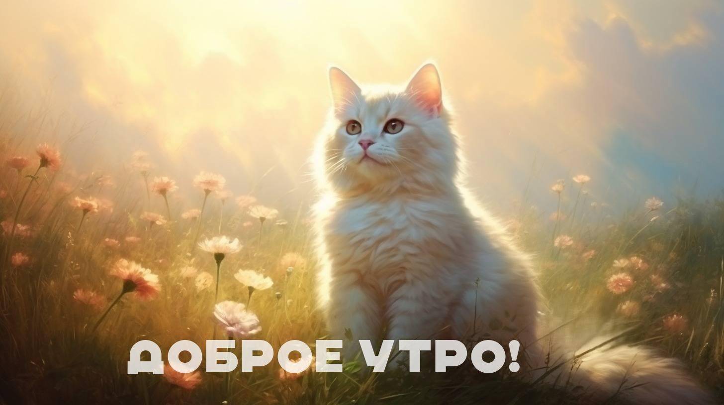 Пушистый светлый кот на лугу с цветами