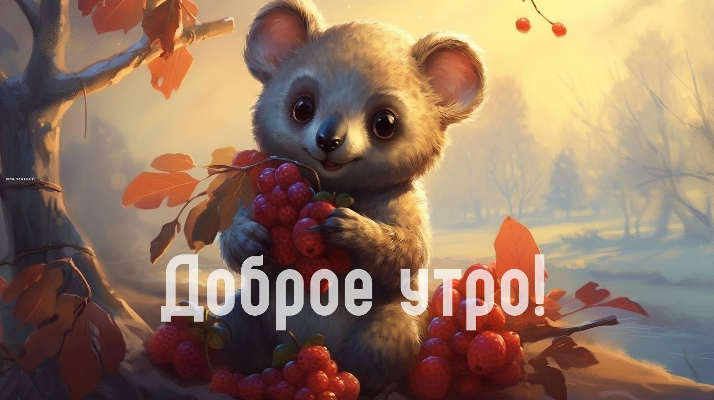 Пушистый зверек держит спелые ягоды среди осенних листьев