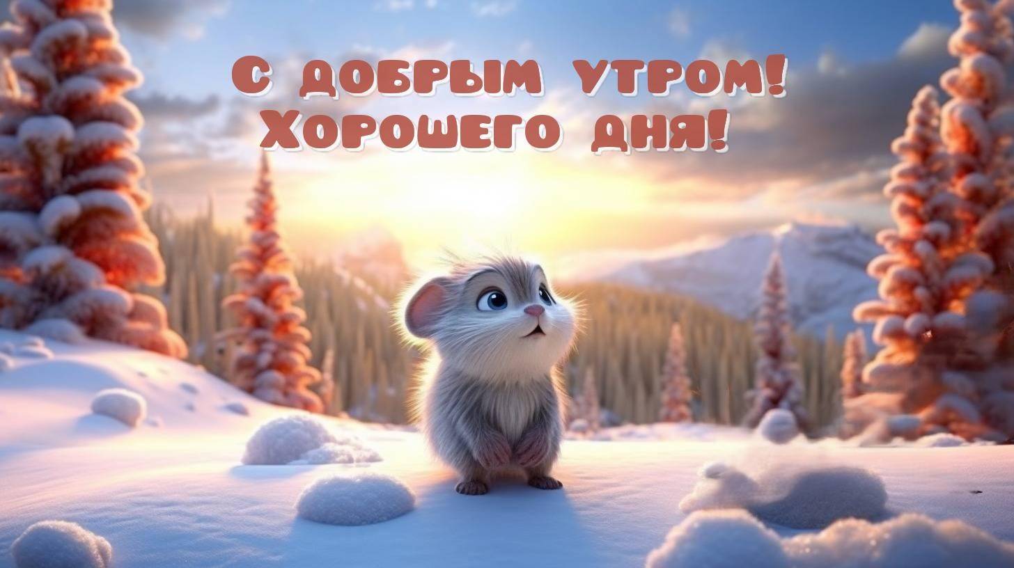 Пушистик мышонок встречает новый день под утренним солнцем в заснеженном лесу.