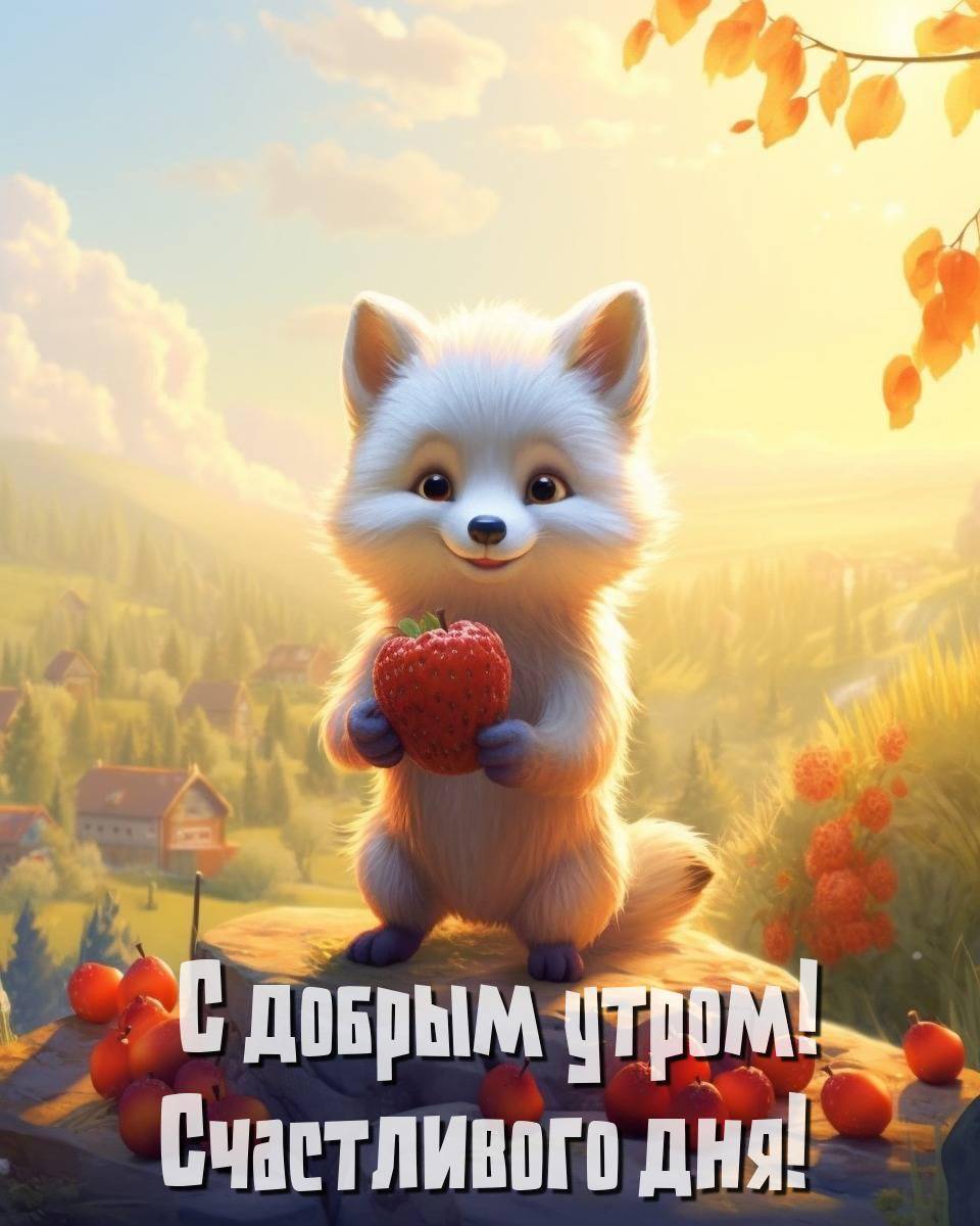 Пушистое создание с красным яблоком на камне