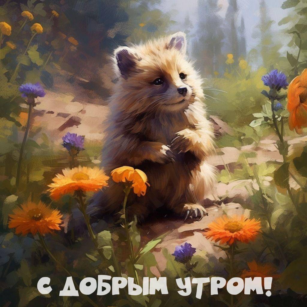 Пушистое существо среди цветов