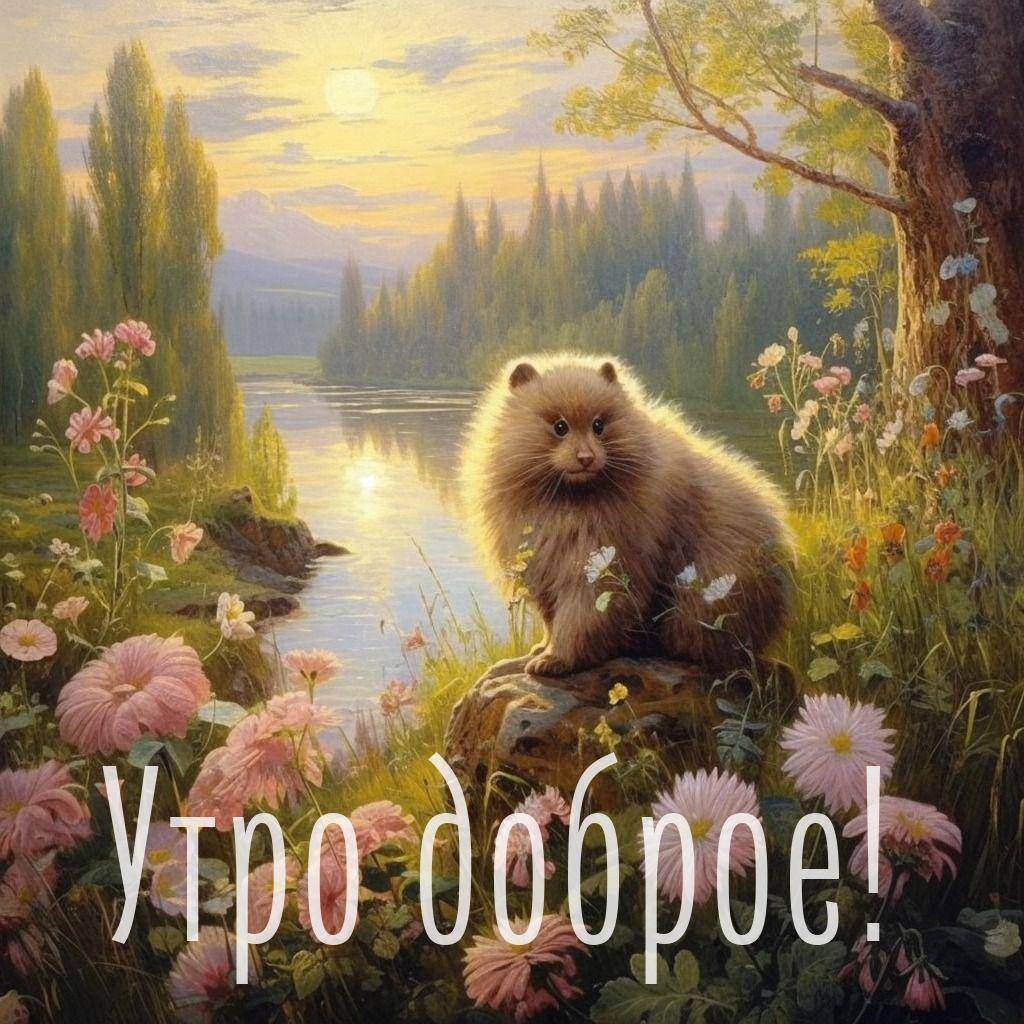 Пушистое животное на камне в окружении цветов на рассвете