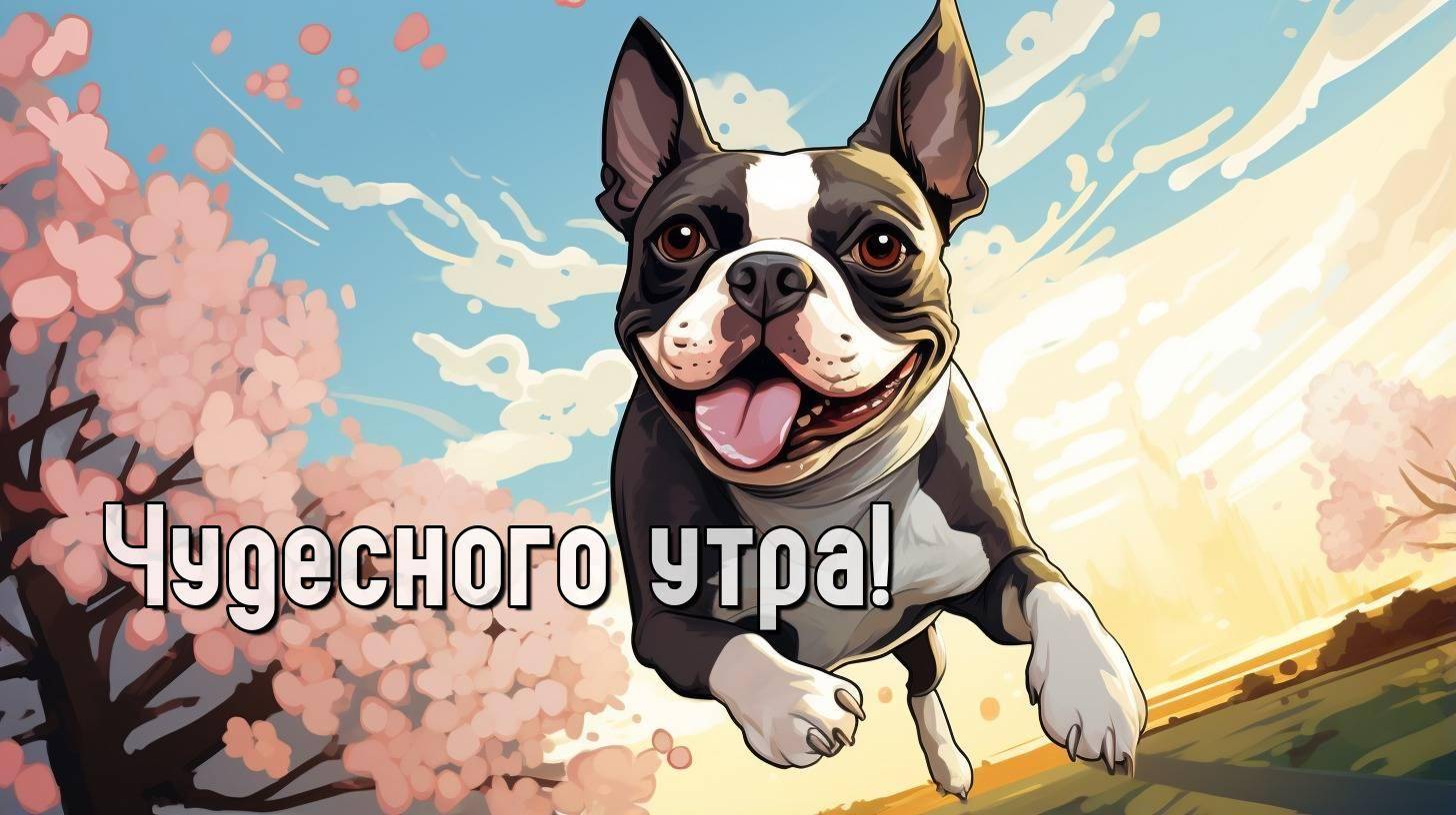 Радостная собака бежит на фоне цветущих деревьев