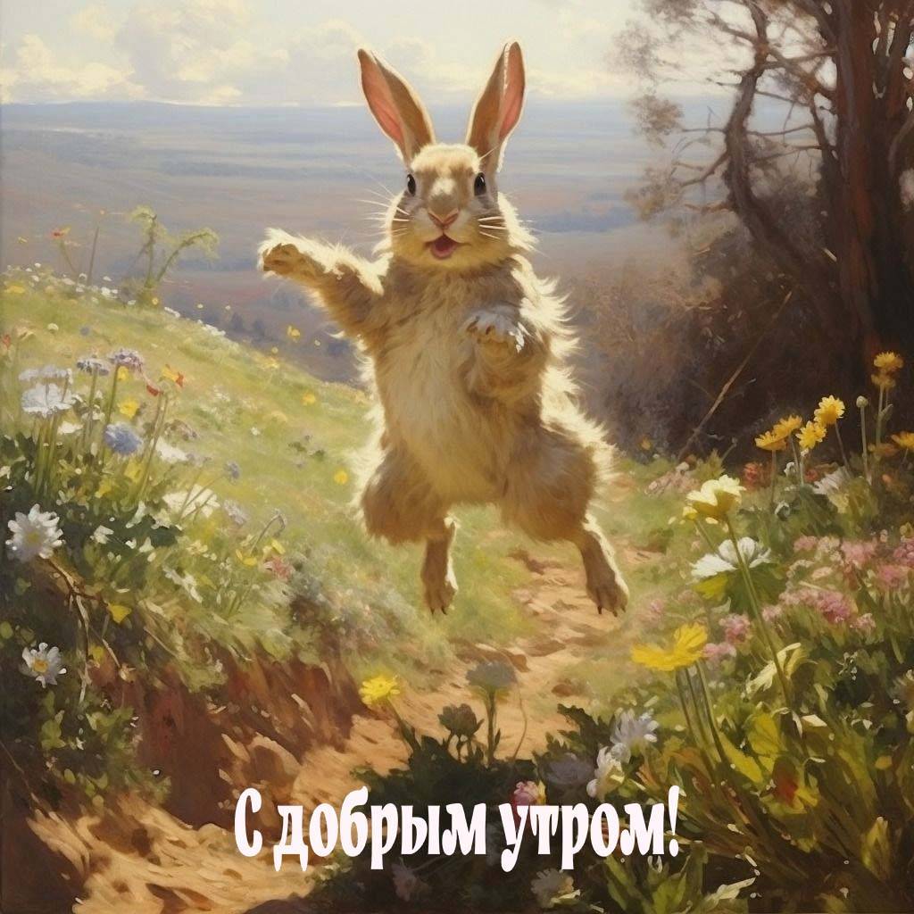 Радостный кролик на зелёном лугу с цветами