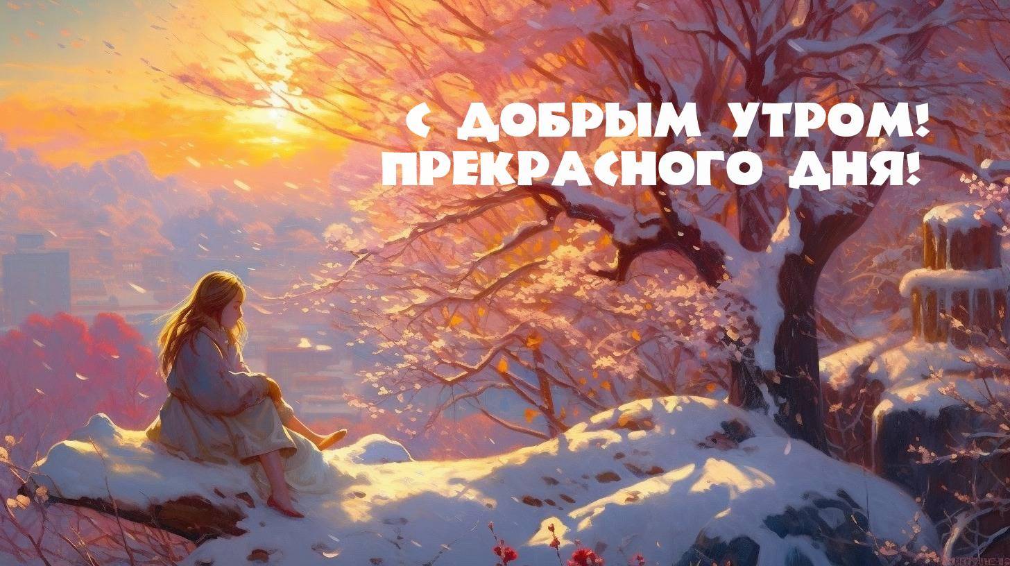 Рассвет и девушка на заснеженной поляне у дерева