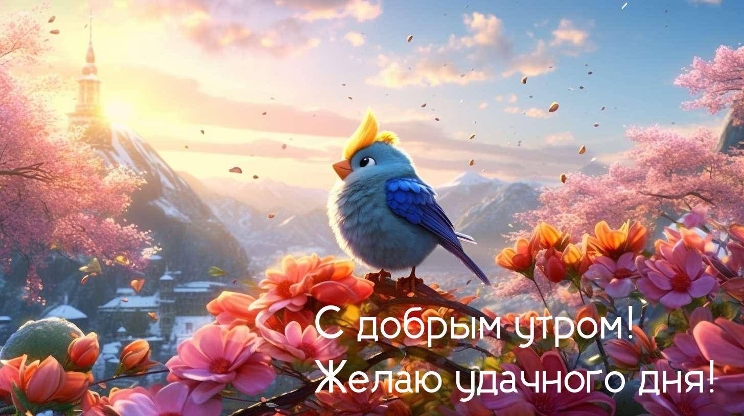 Рассвет в таинственном городе с птичкой и цветами