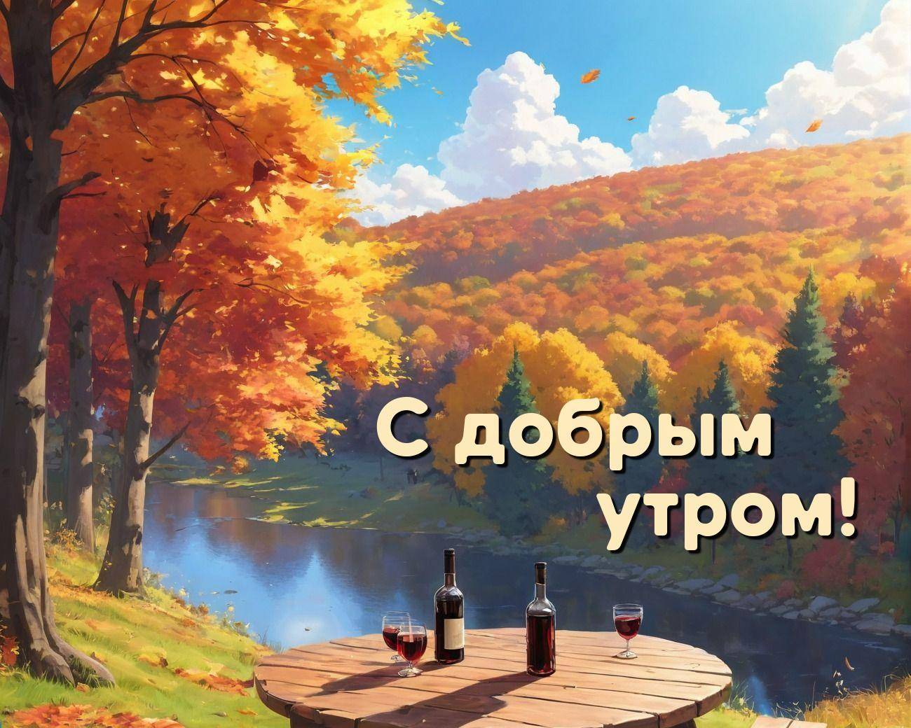 Река среди осенних деревьев, деревянный стол с вином