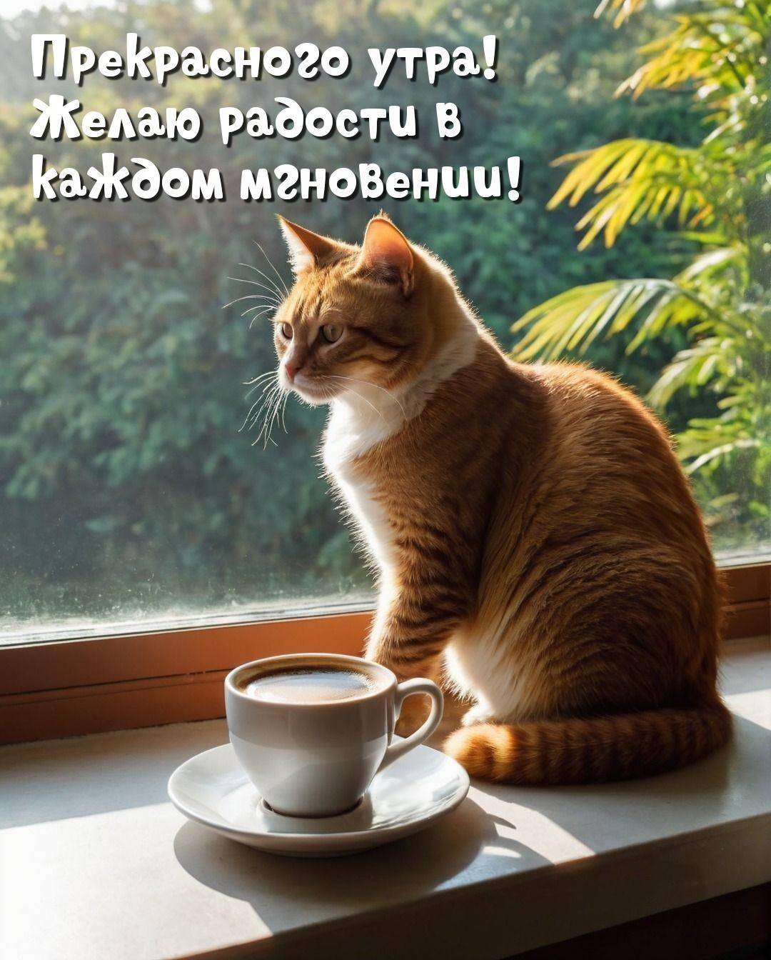 Рыжий кот на подоконнике с чашкой кофе