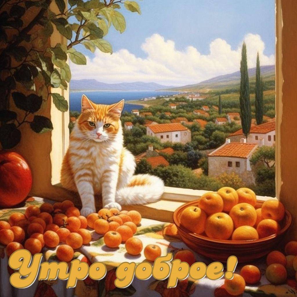 Рыжий кот на подоконнике с фруктами