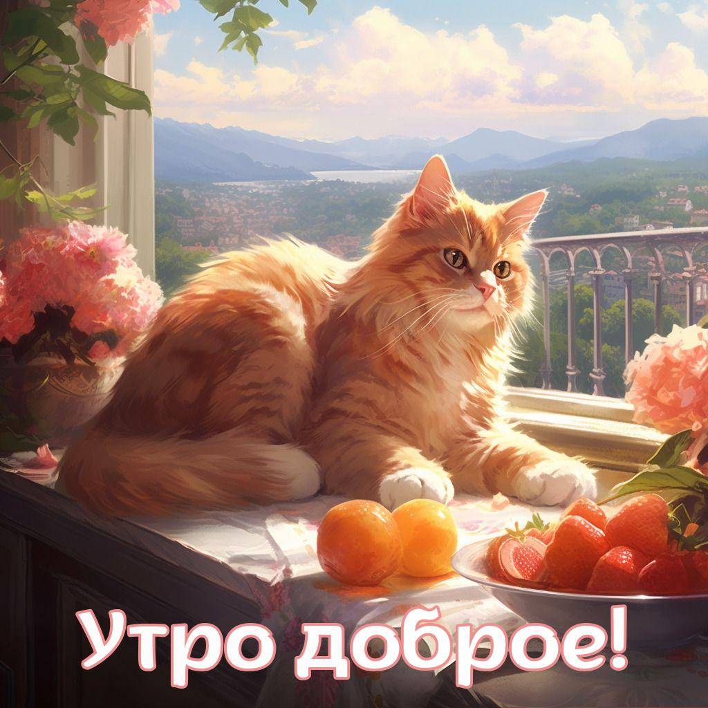 Рыжий кот на подоконнике среди цветов, смотрящий на горы и реку