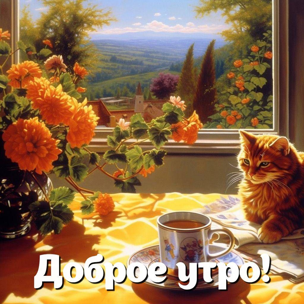 Рыжий кот на столе с цветами, чашкой чая и салфеткой