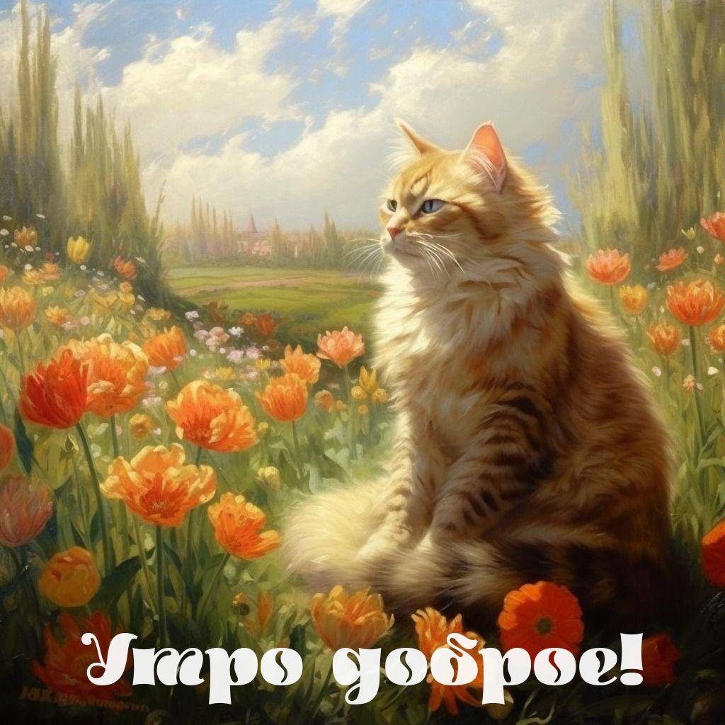 Рыжий кот сидит среди ярких цветов